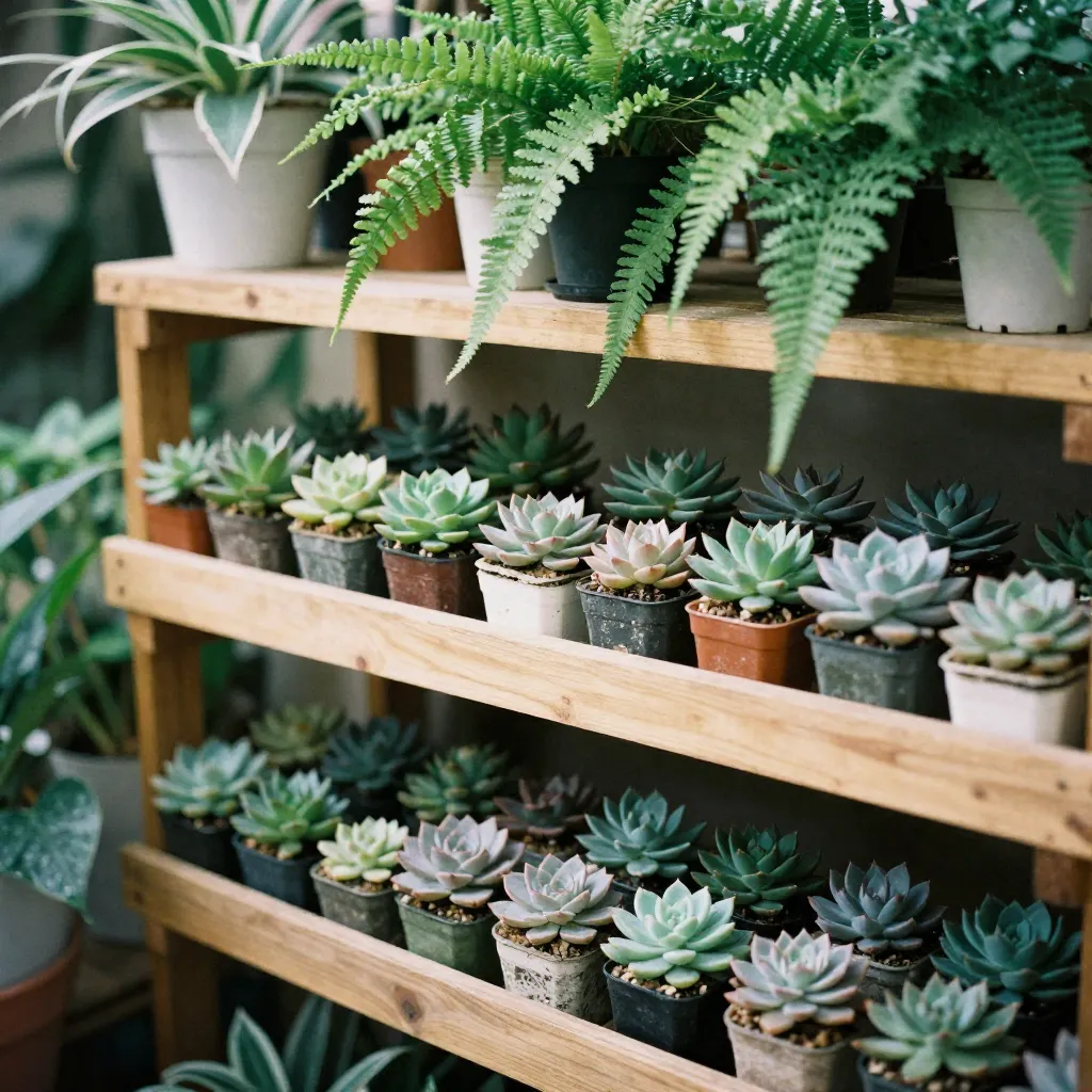 Small succulent plants in pots on table